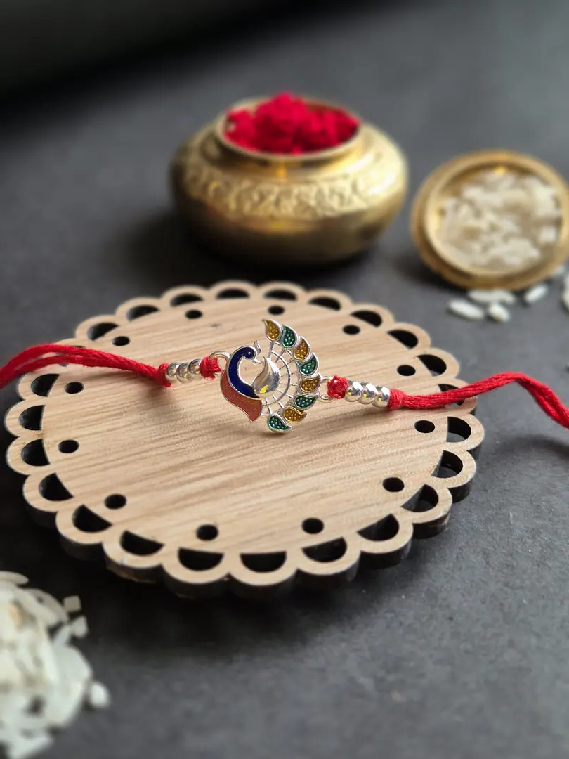 Majestic Peacock Sterling Silver Rakhi (Blessed & Enamelled)
