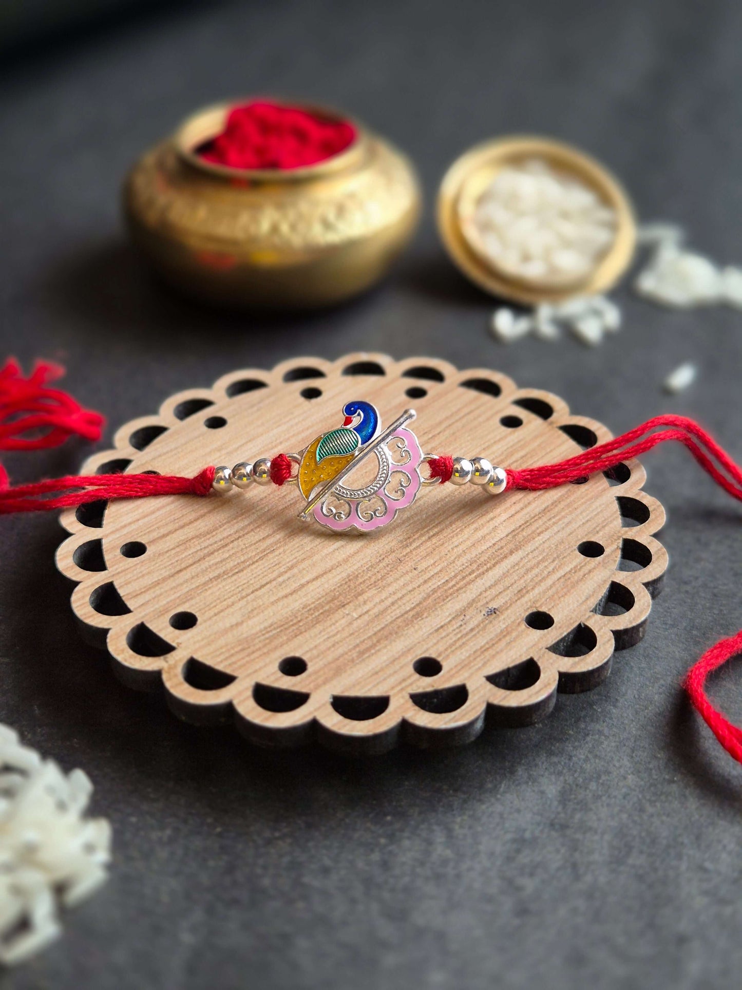 Serene Leaf & Peacock Sterling Silver Rakhi (Blessed & Elegant)